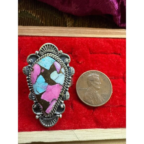 Cotton Candy Dahlia Sterling Silver Adjustable Ring Size 9 Closed Back & Intrica - Picture 6 of 7